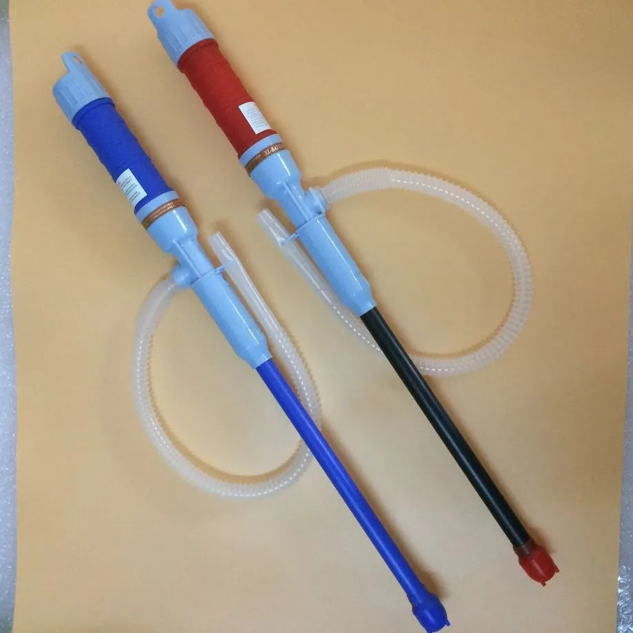 Blue or red manual siphon pump for transferring fuel, oil, and liquids, made from durable PP material