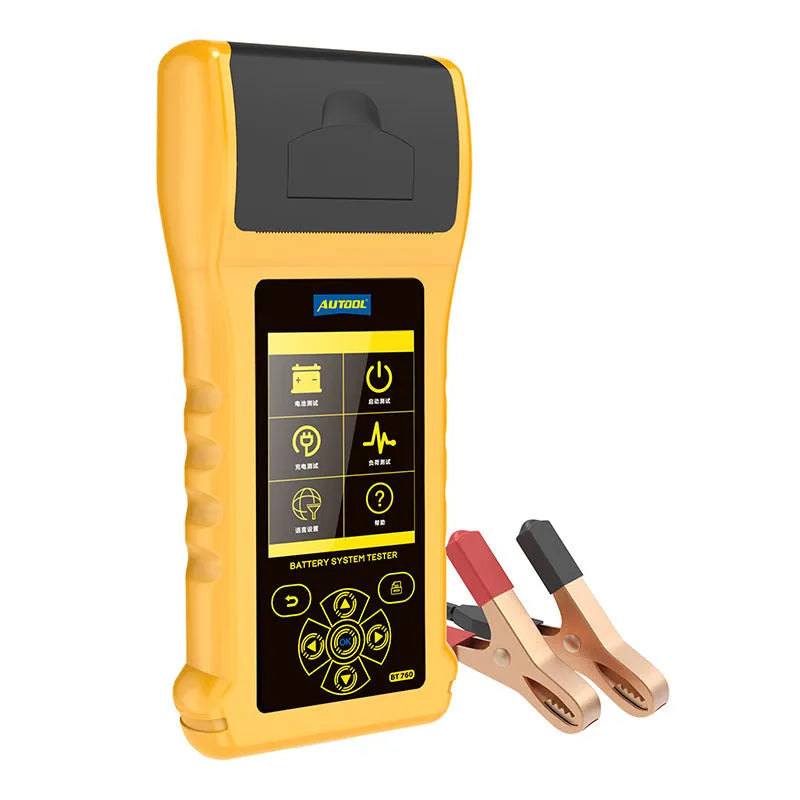 Autool BT760 vehicle battery tester with colour screen, test clips, and built-in printer on a workshop bench