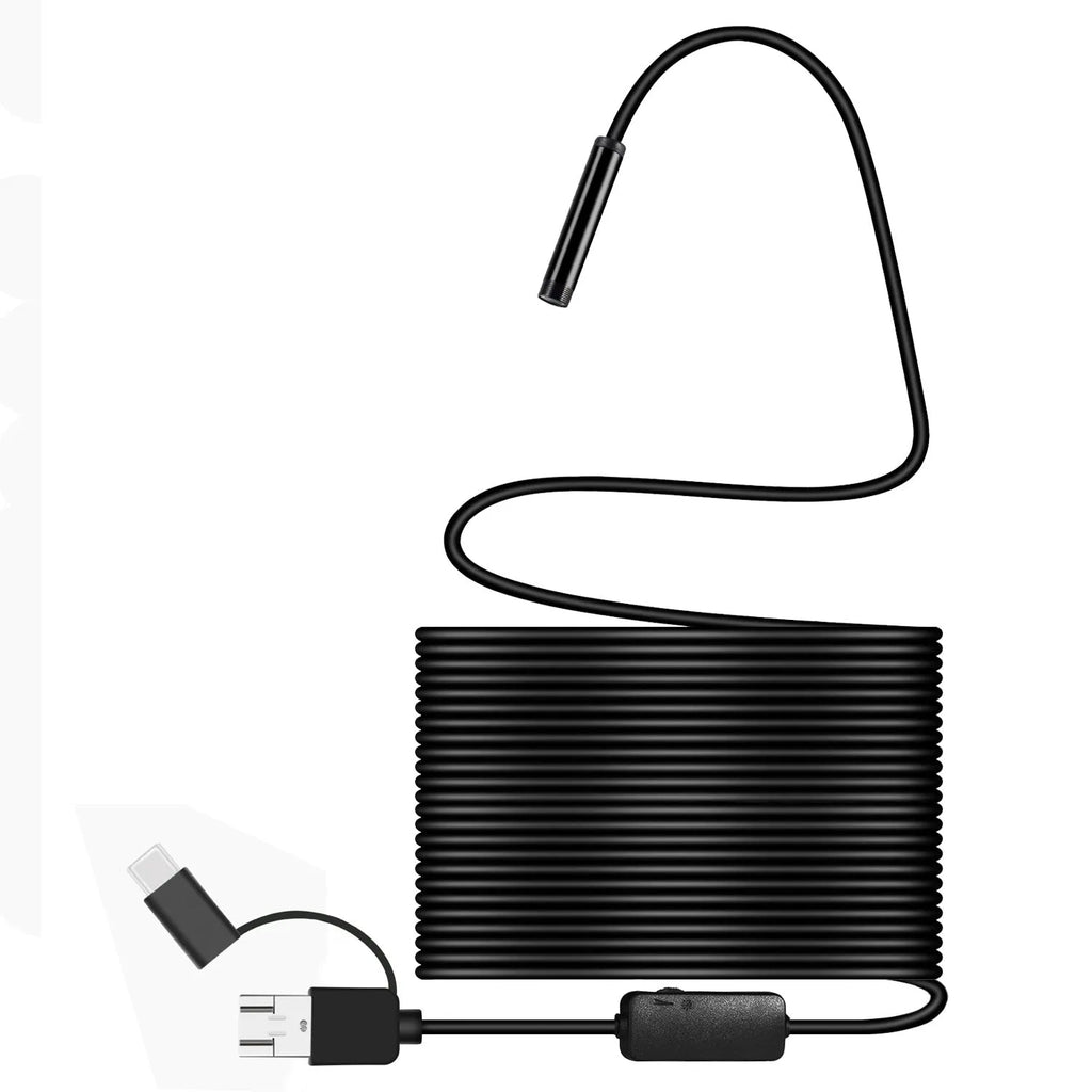 Three-in-one USB endoscope with 5.5mm probe, 640 x 480 resolution, Micro USB and Type-C, black, cable length optional.