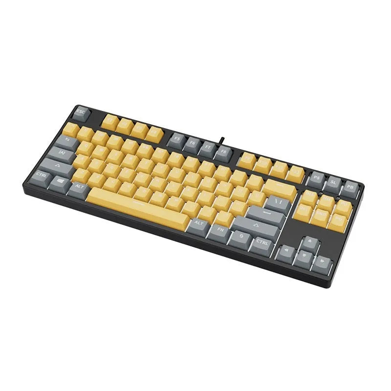 87-key wired mechanical keyboard with two-tone keycaps and metal frame, showing compact design and included tools