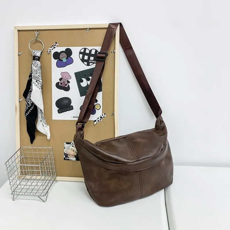 Brown retro-style men's crossbody bag showing front view with dimensions 50x29x3cm