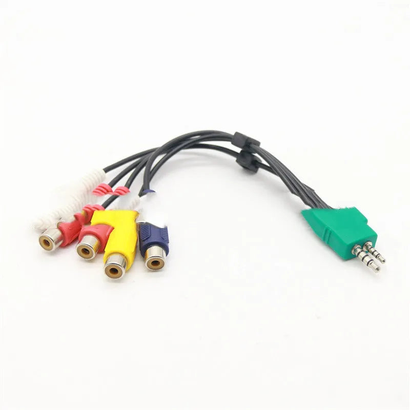 Black 3.5mm and 2.5mm to 5 RCA AV cable, tinned copper, approximately 18cm long