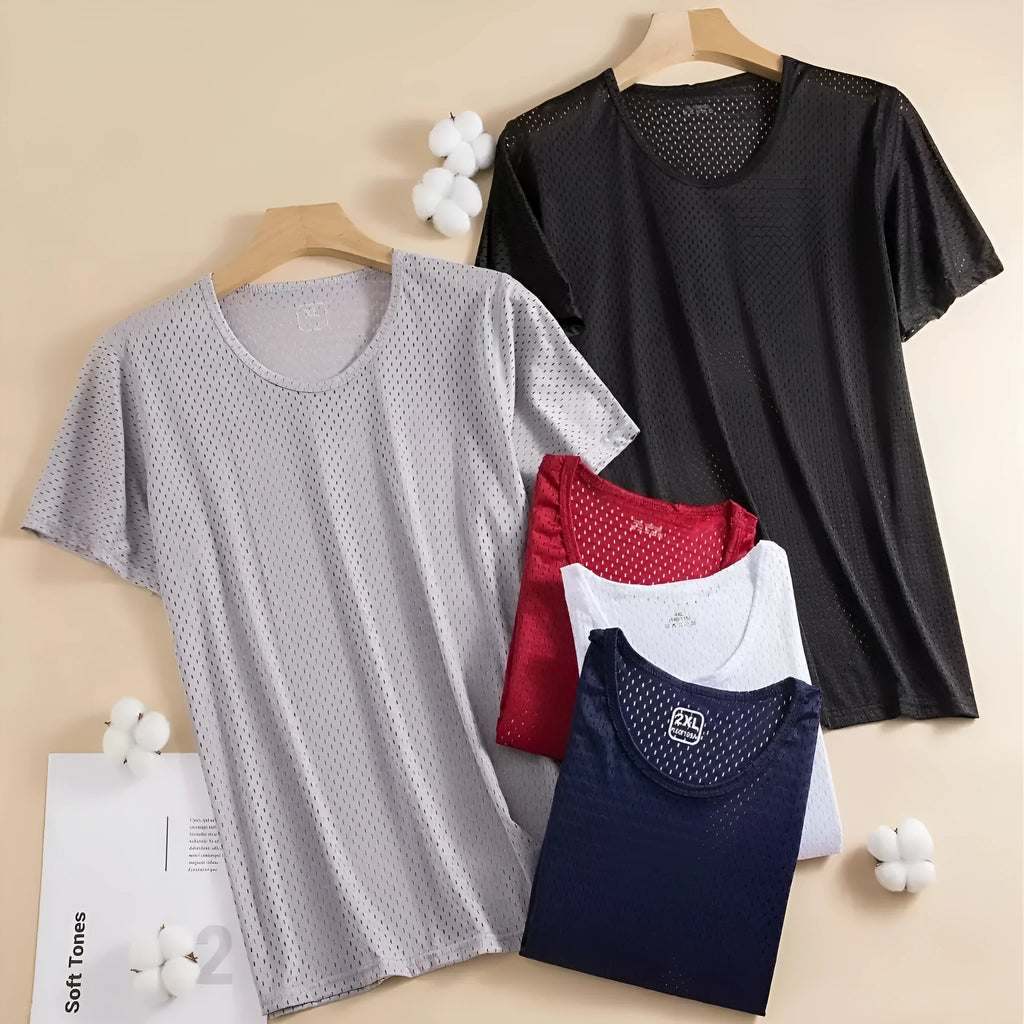 Man wearing a grey ice silk short sleeve t-shirt showing its loose fit and crew neck design for summer.