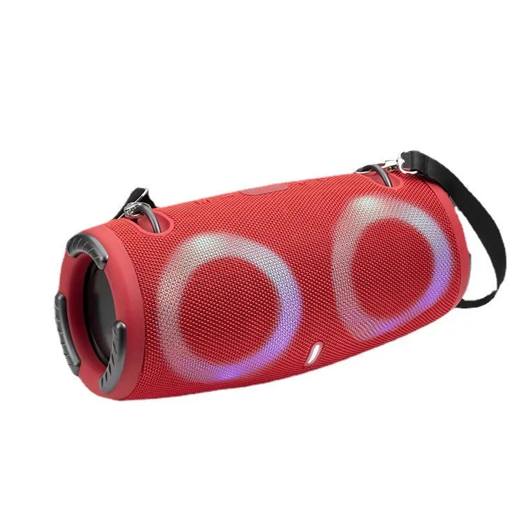 War Drum Bluetooth speaker with RGB lights in black colour, showing strap and button controls for portable outdoor audio