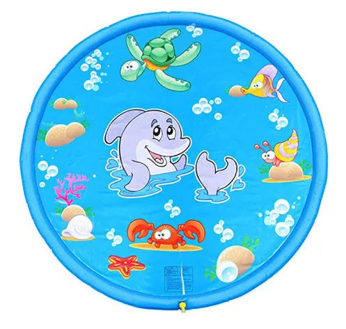 Blue PVC water spray mat for children with marine animal prints, connected to a garden hose.