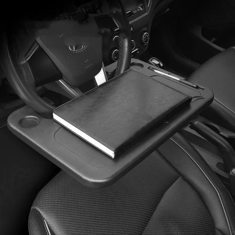 Black foldable plastic car desk measuring 42 by 28 centimetres, shown as a multifunctional vehicle tray