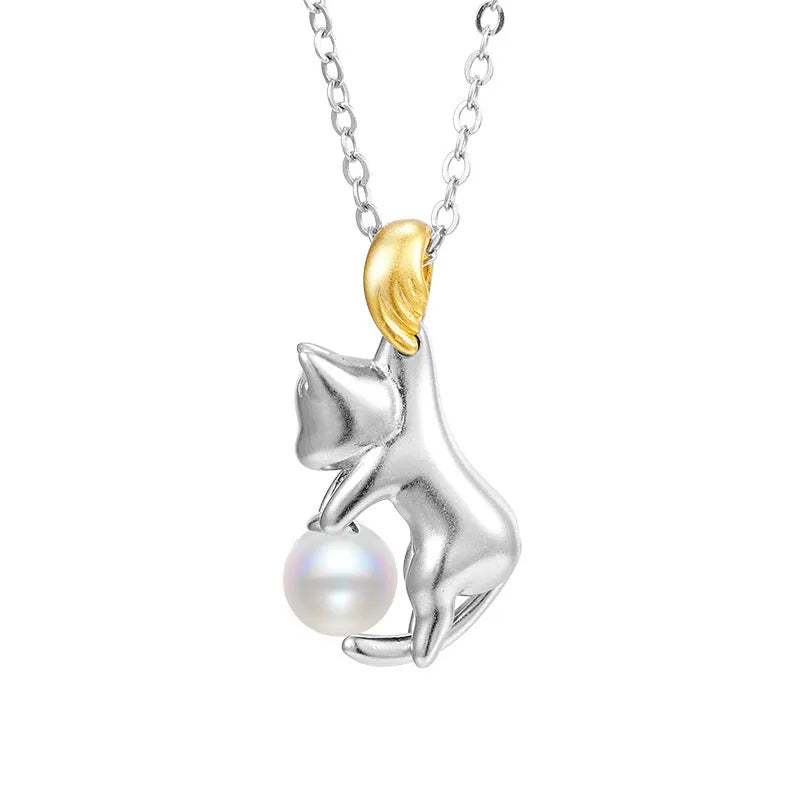 925 sterling silver clavicle chain with cat charm and electroplated finish, showing pearl bead option