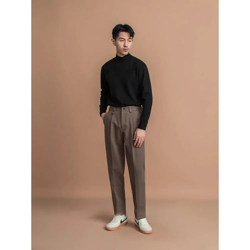 Men's straight-leg business trousers in draped design showing four colour options and straight silhouette