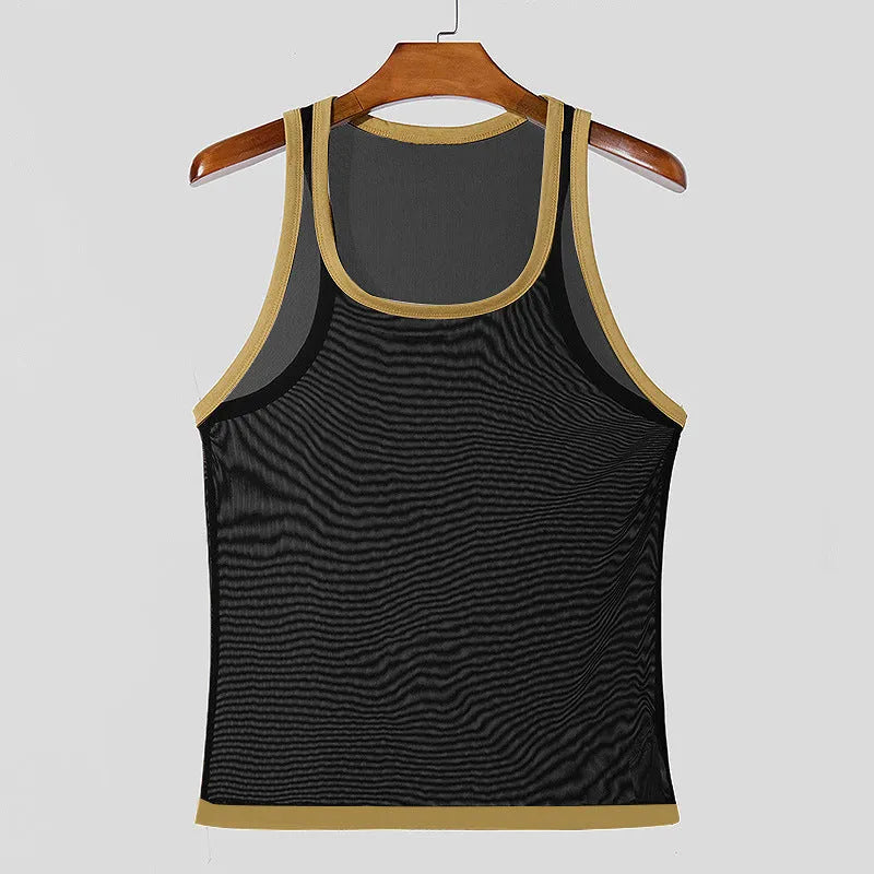 Men's black mesh fitness vest with straight hem design for sports wear