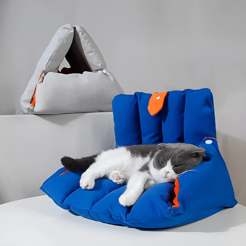 Blue triangular sofa-style cat nest with connectable sides and removable cotton cover