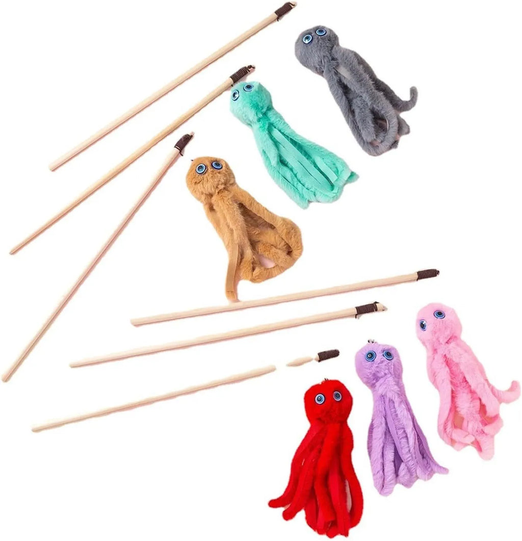 Octopus-themed cat toy on a 40cm stick in bright colours for indoor kitten play