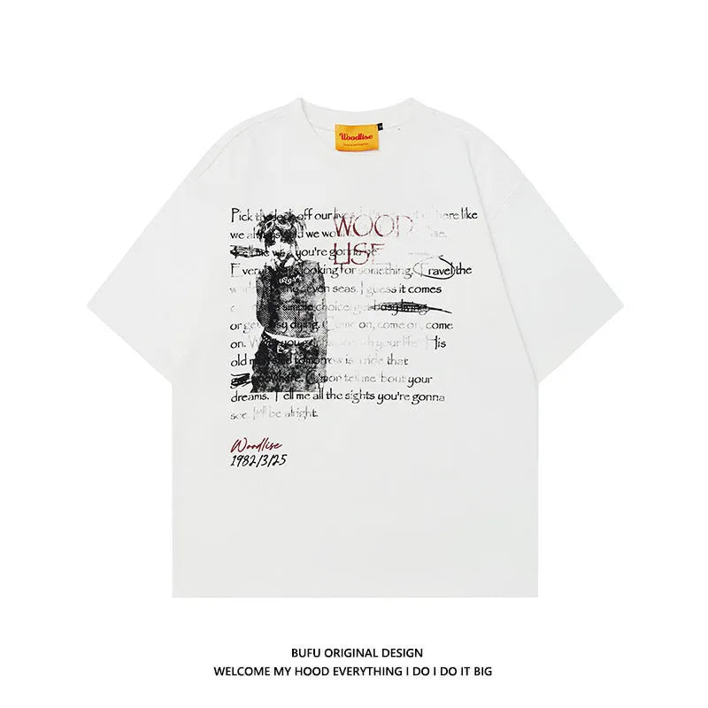 Men's black loose fit cotton t-shirt with white letter print and raglan sleeves on hanger