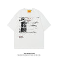 Men's black loose fit cotton t-shirt with white letter print and raglan sleeves on hanger
