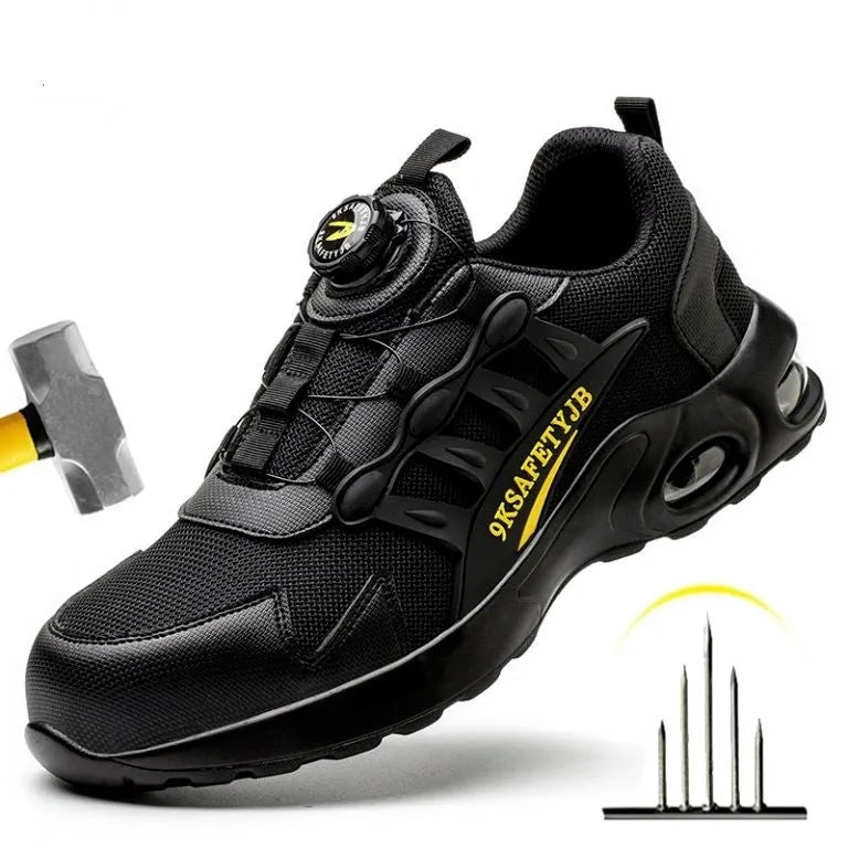 Men's 818Black suede safety shoes with steel toe, rubber sole, and front lace-up, sizes 37-46.