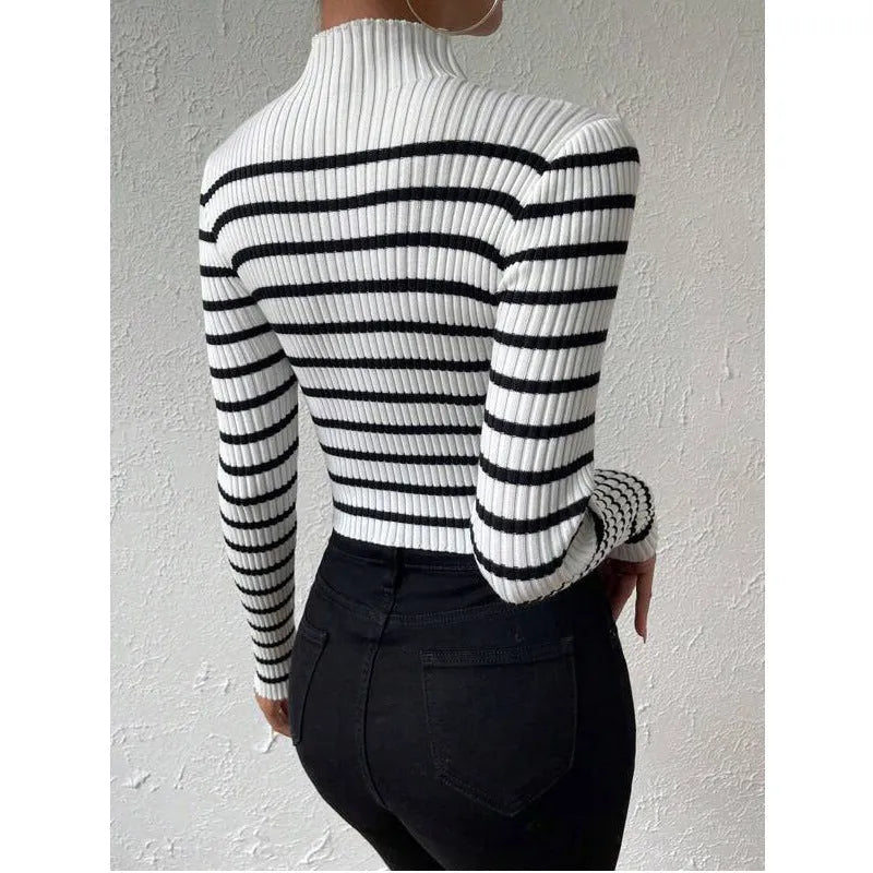 White long sleeve turtleneck sweater with sunken stripe pattern, slim fit thick acrylic pullover for women