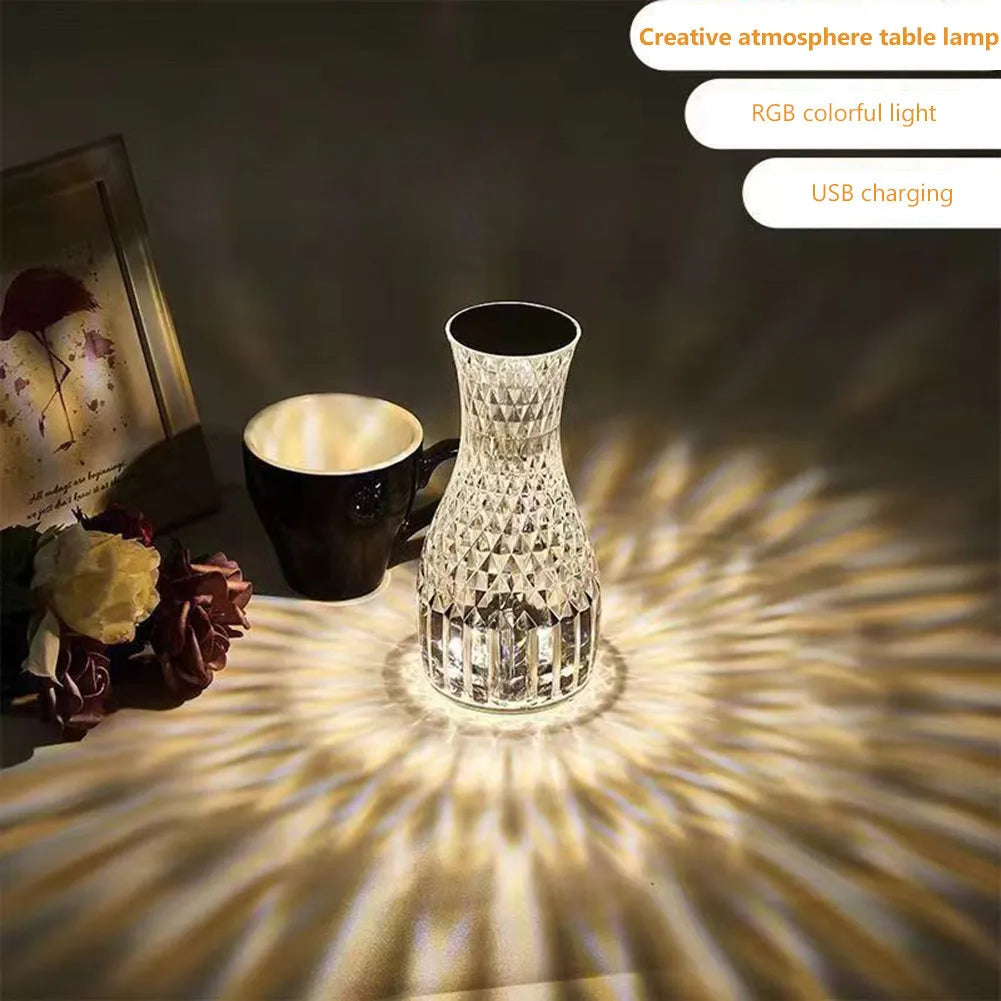 Vase-shaped crystal table lamp with remote control and USB charging port, 9cm wide by 19cm tall