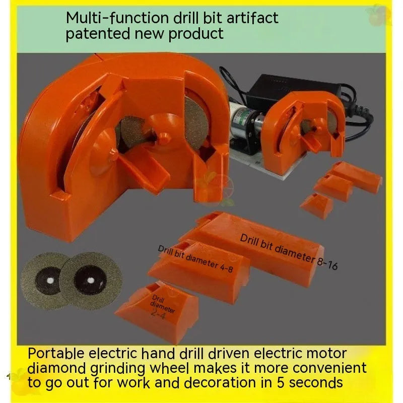 Portable grinding drill tool set showing orange and black sander units with replacement grinding wheels
