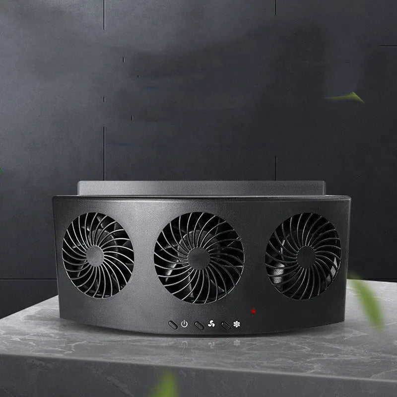 Black and white USB car ventilation fan measuring 23x11x7cm with 1.5m power cord for exhaust odour removal
