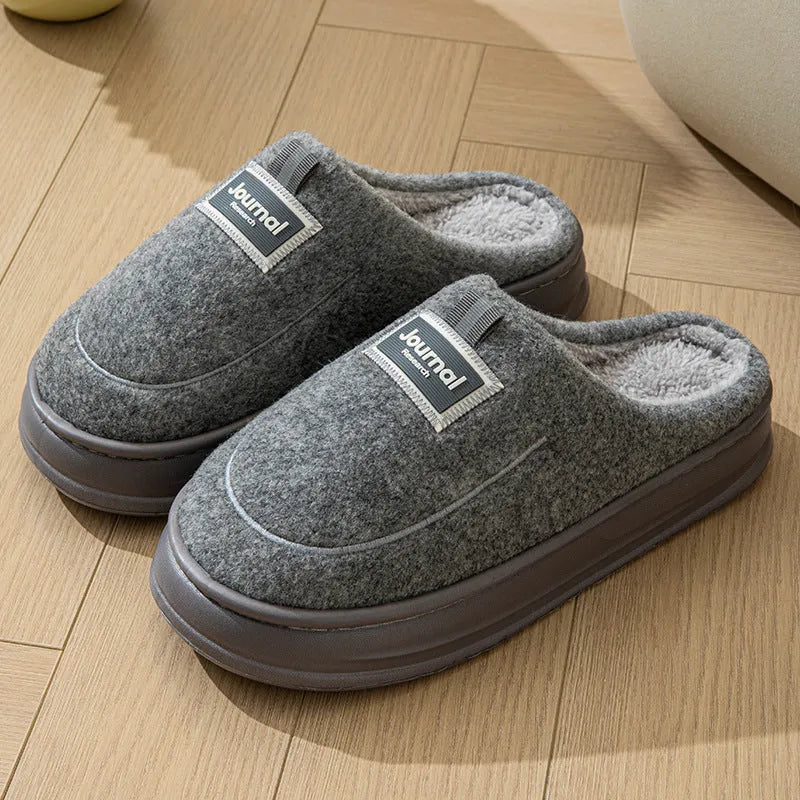 Brown and grey men's suede and cotton slippers with a thickened sole, shown in multiple extended sizes.