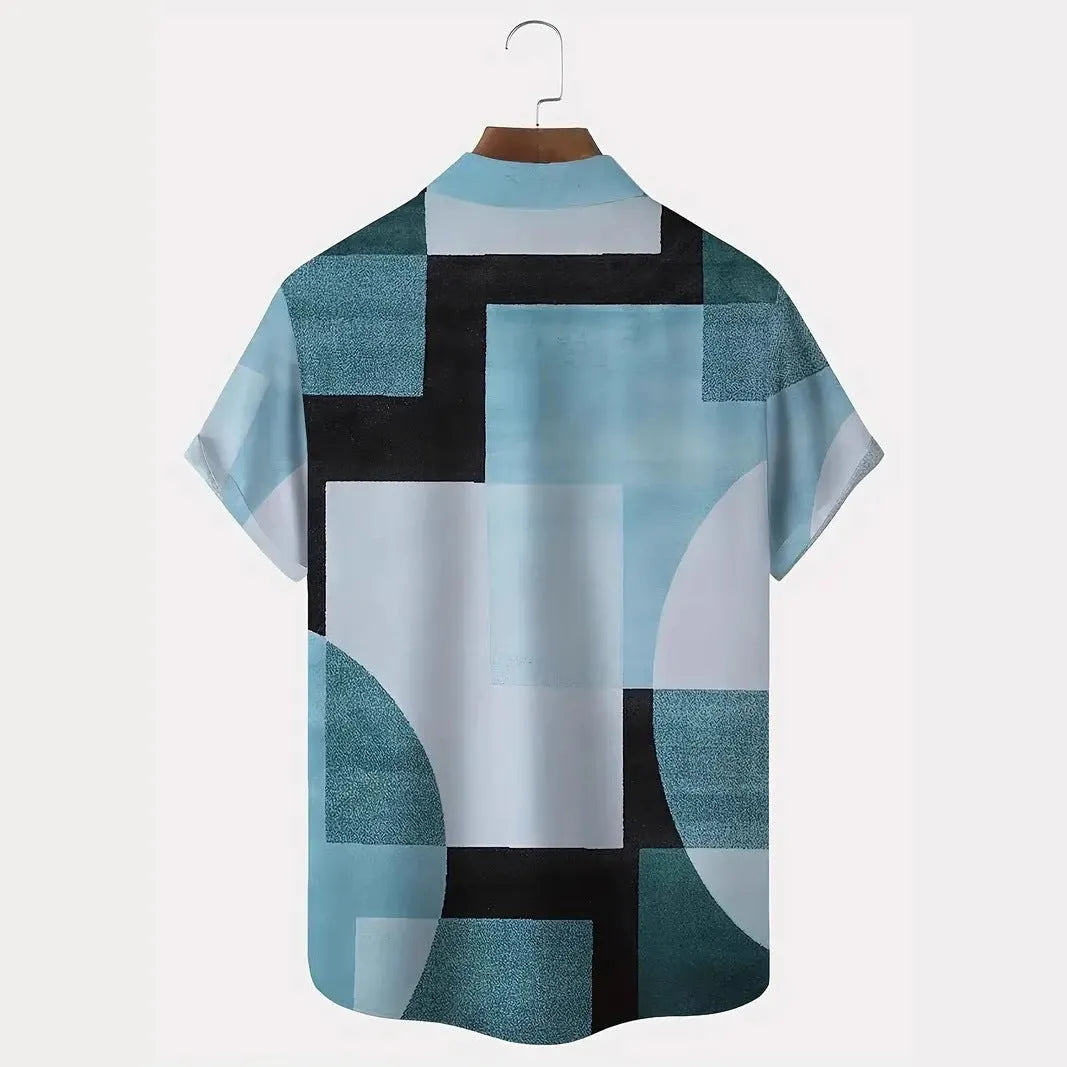 Men's short sleeve cardigan with a retro geometric square pattern in contrasting colours, shown in a loose fit.