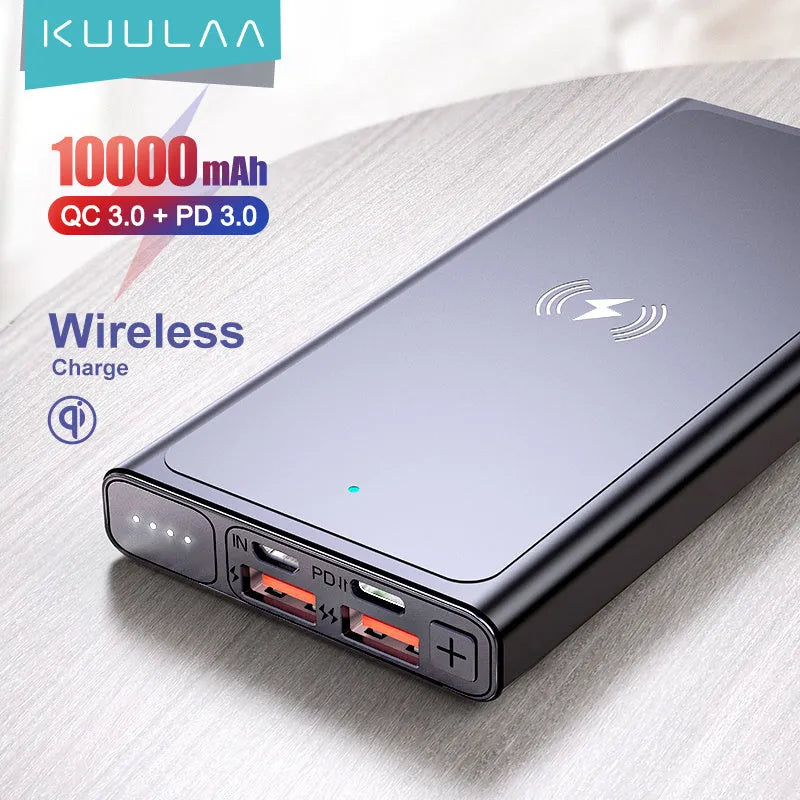 Black and blue alloy-cased portable power bank with wireless charging surface and 10000mAh capacity