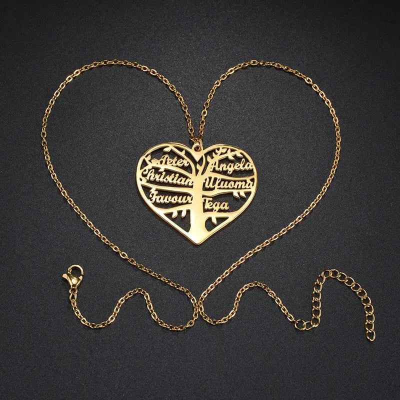 Personalised stainless steel necklace with hollow heart and tree pendant engraved with names, shown in silver finish.