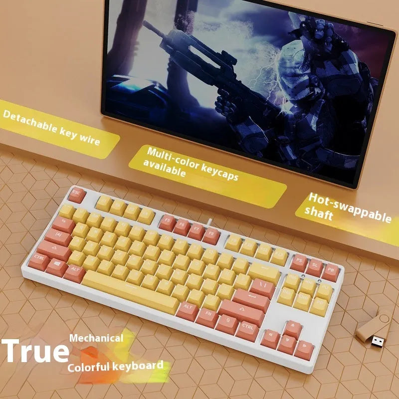 87-key wired mechanical keyboard with two-tone keycaps and metal frame, showing compact design and included tools