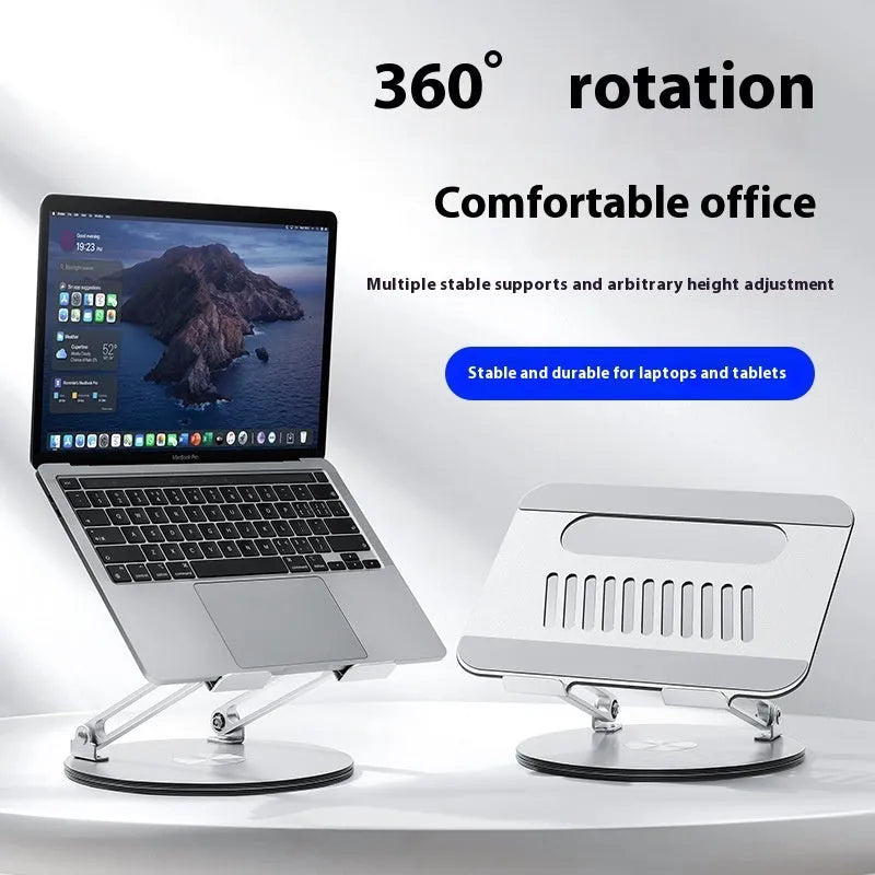 Silver aluminium alloy laptop stand folded flat showing dimensions and rotatable hinge mechanism