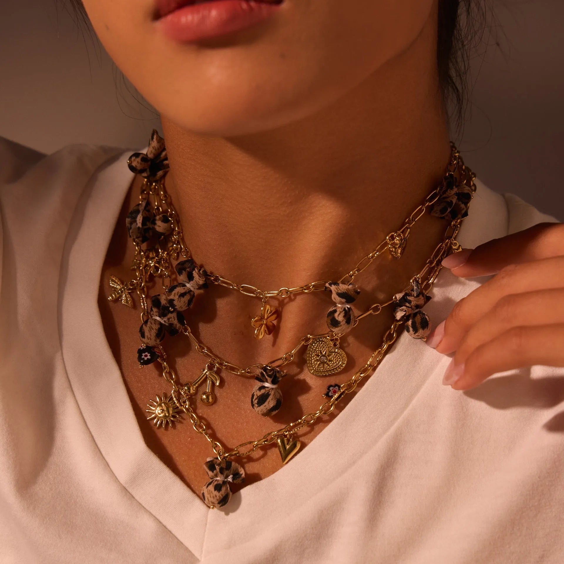 Women's gold-plated stainless steel necklace with leopard, love heart, and flowers pendant on an adjustable chain.