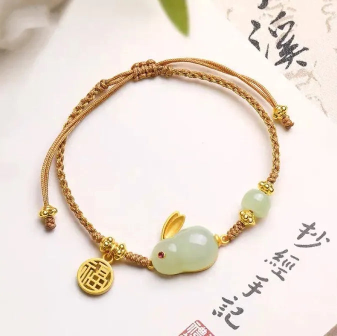 Yellow string bracelet with geometric Hetian jade rabbit charm for women