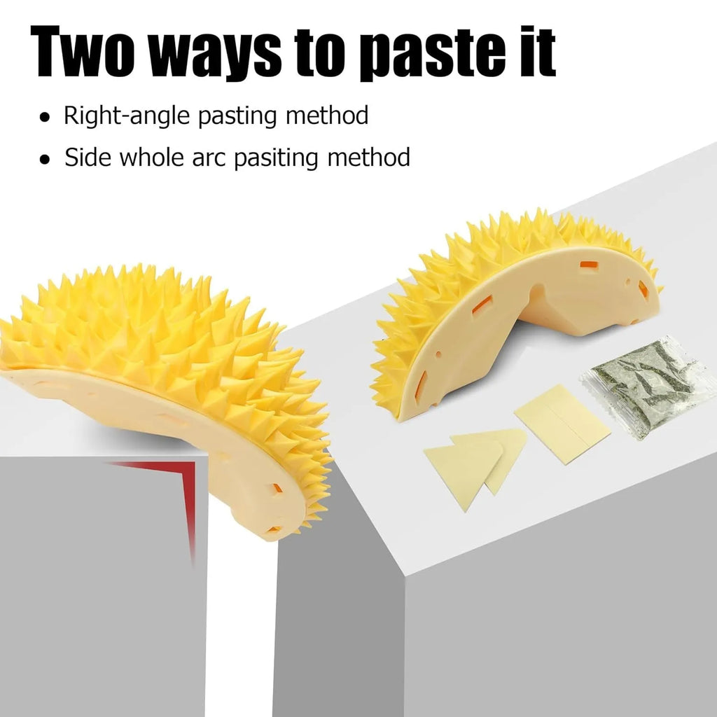 Yellow durian-shaped cat corner scratcher mounted on wall, measuring 21cm by 12cm by 7cm, with peppermint powder packet