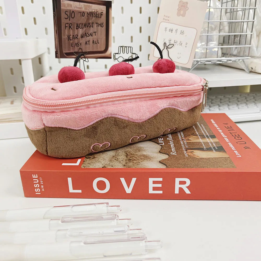 Cherry Cake Plush Pencil Bag in velvet with Korean style design and included pen case