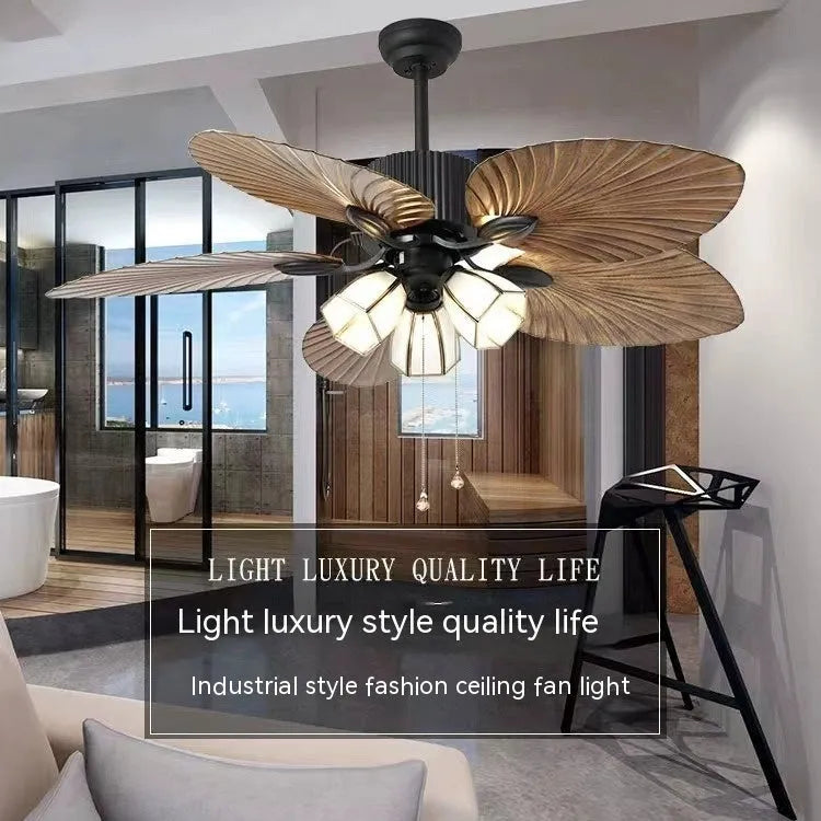 Retro-style ceiling fan light with wooden blades and three copper lampshades, mounted on a white ceiling.