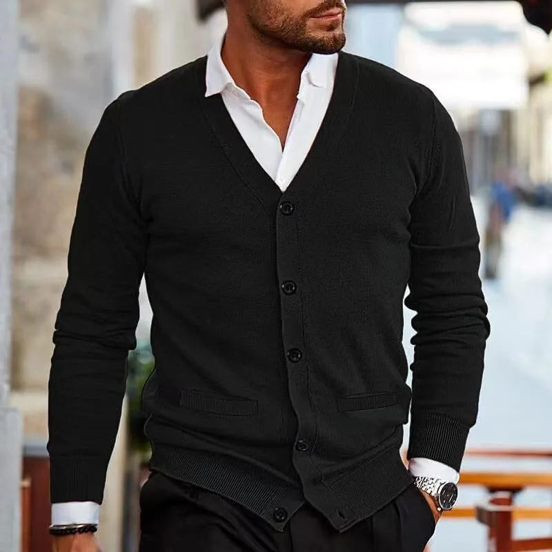 Men's slim-fit acrylic cardigan sweater in dark grey, showing cardigan style with long sleeves and standard autumn thickness
