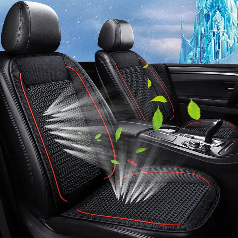 60x60cm car ventilation seat cushion in black colour with power cord connected to 12V outlet