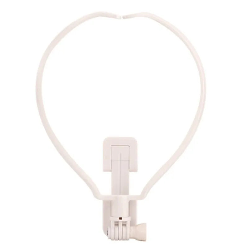 Black wearable neck phone holder with smartphone mounted, showing 180-degree adjustable angle for hands-free recording