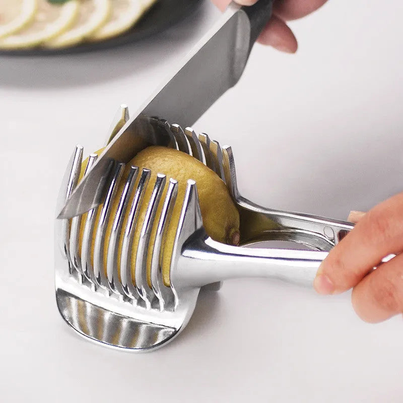Silver plastic lemon slicer kitchen gadget showing folder design