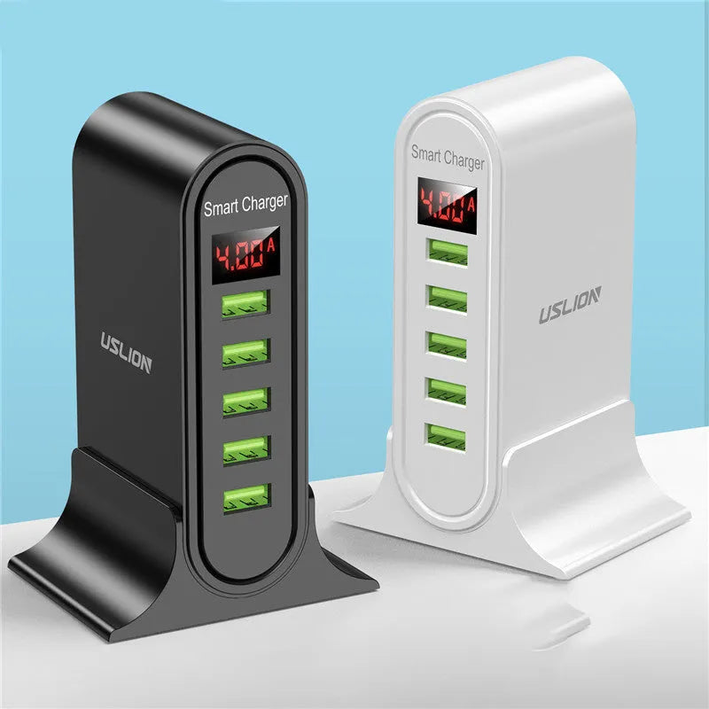 Smart LED digital display charger in black or white with USB interface and plug styles