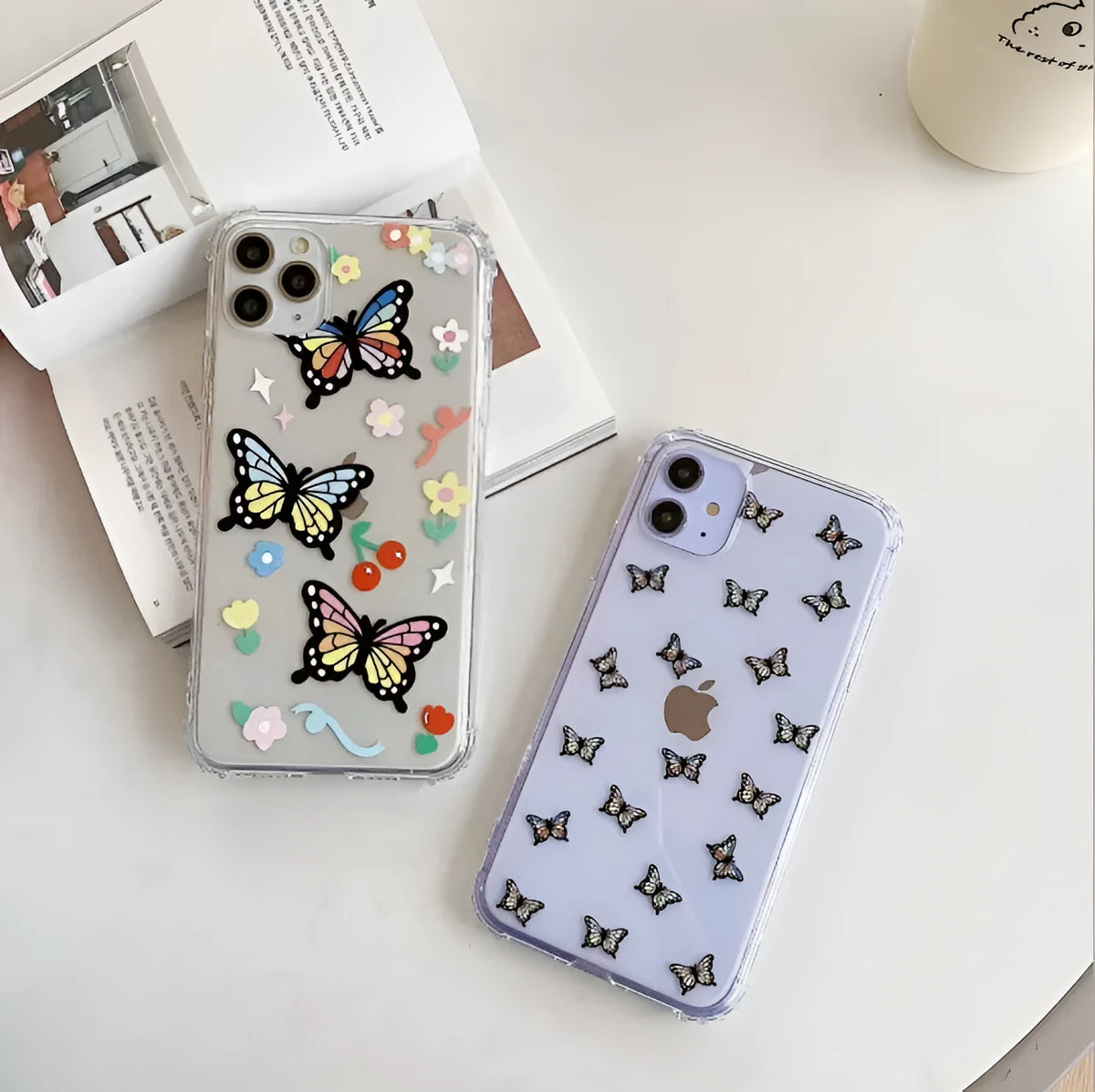 Butterfly phone case in TPU with solid pop element, available in two butterfly colour options for iPhone.