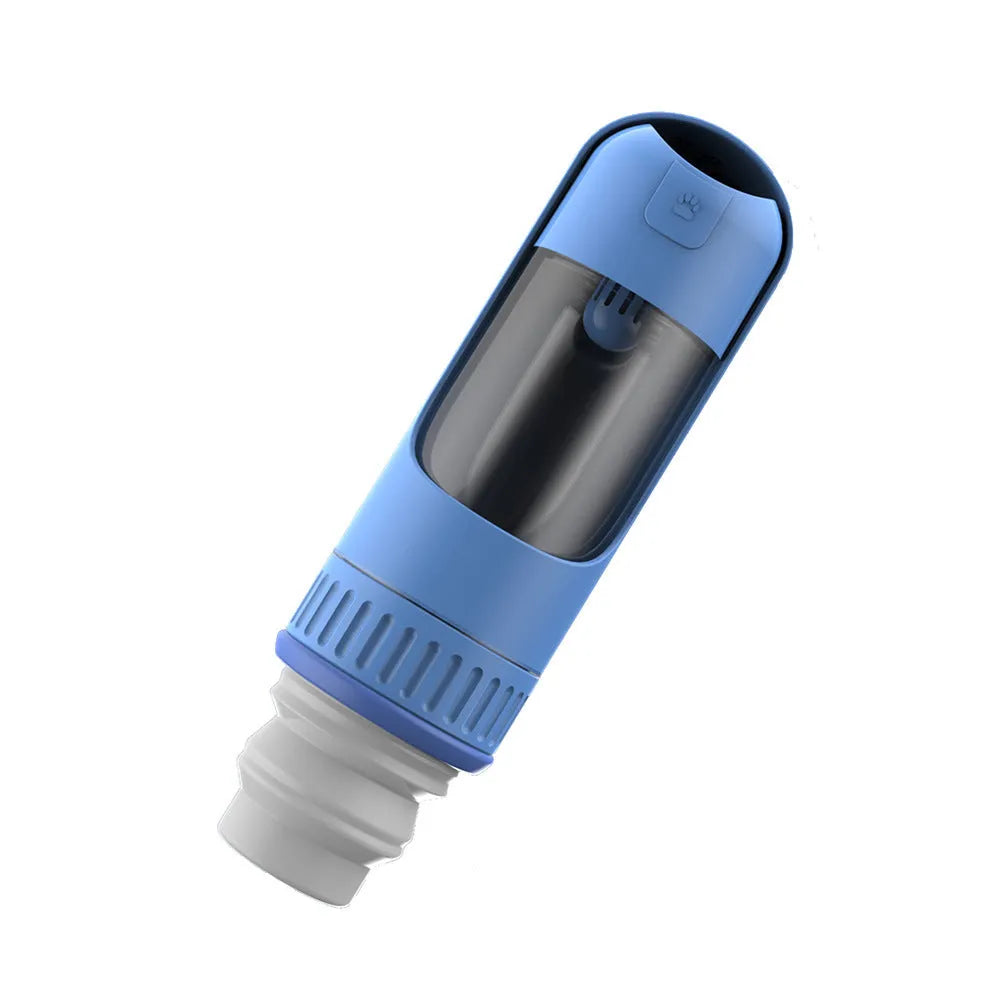 Dark blue dog water bottle with integrated drinking bowl, showing compact 215x75x75mm dimensions