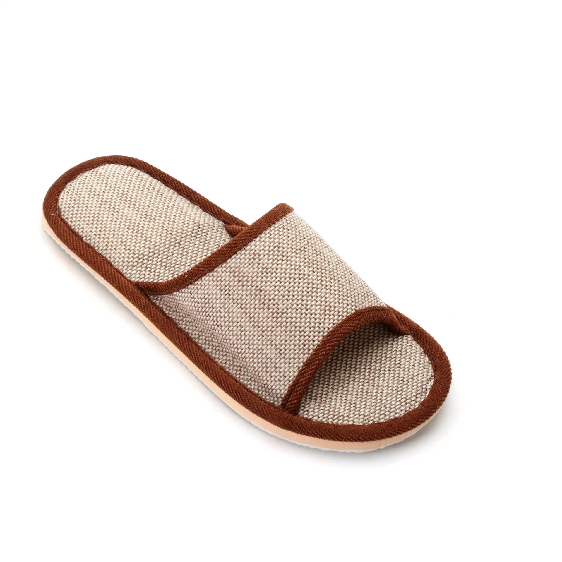 Women's open-toe linen slippers in light brown with a thickened sole.