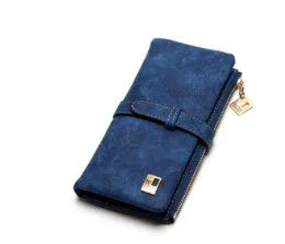 Korean-inspired retro matte leather long wallet with zip closure and RFID protection, showing inner card slots and note compartment