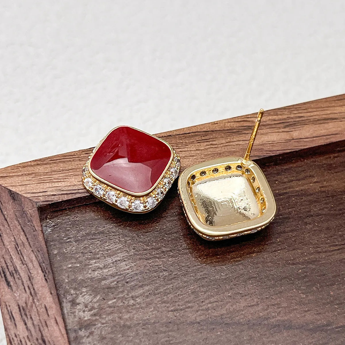 Retro red geometric square plate earrings with alloy construction and inlaid design