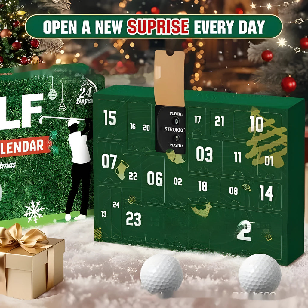 Golf advent calendar 24-piece plastic and silicone decoration set, 28x30x6cm, in colour box packaging