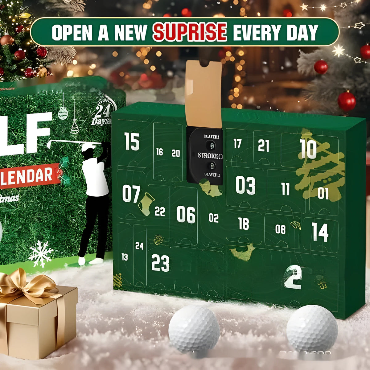 Golf advent calendar 24-piece plastic and silicone decoration set, 28x30x6cm, in colour box packaging