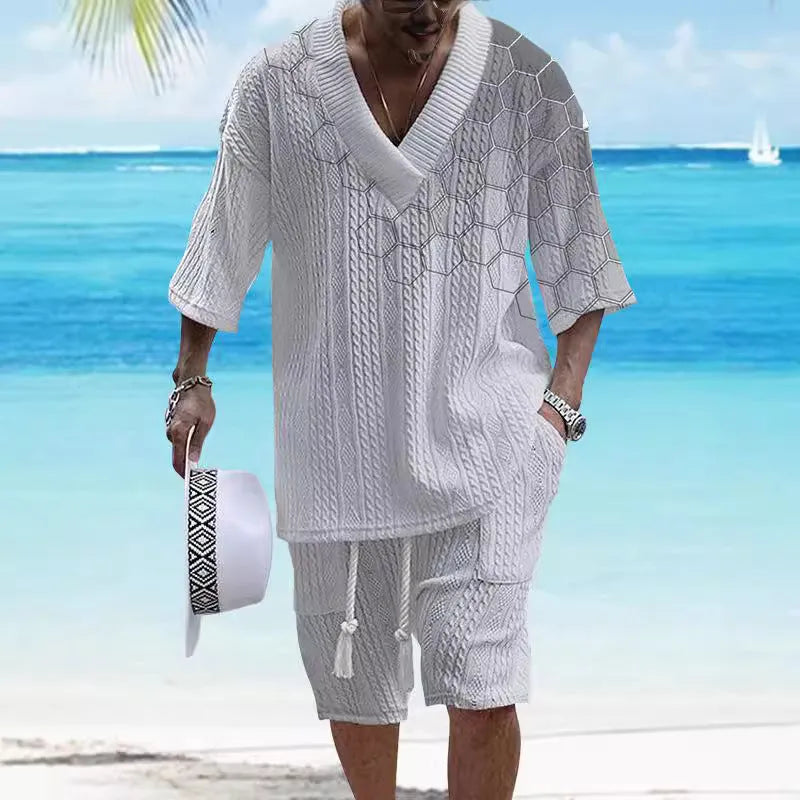 Printed drop-shoulder men's knitted short-sleeved shorts suit in chemical fibre blend, available in multiple colours and sizes