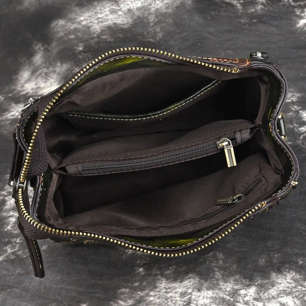 Women's genuine leather shoulder bag showing square vertical design with internal organisation compartments