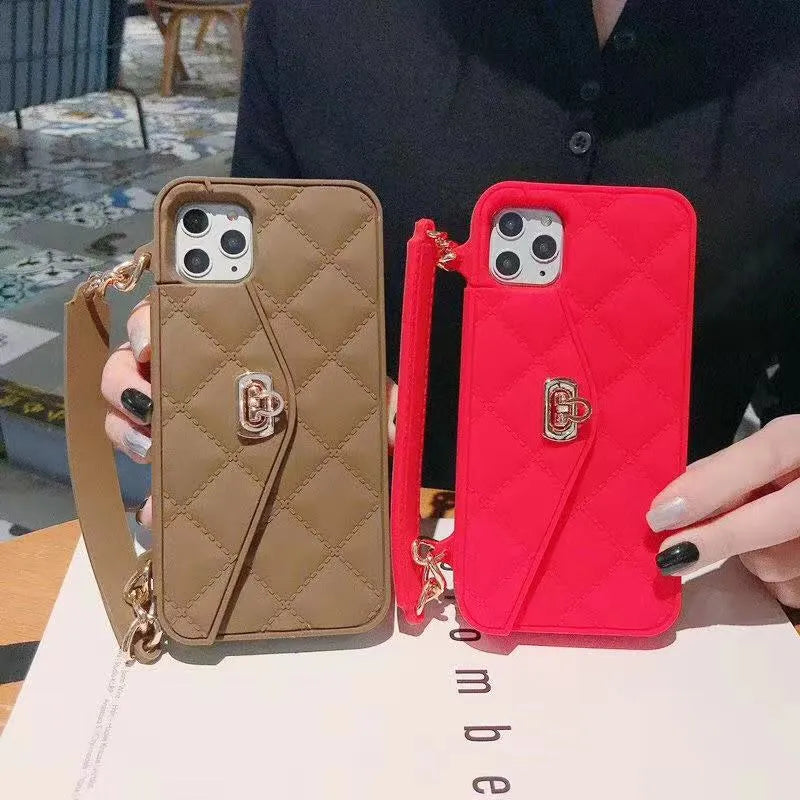 Luxury women's silicone iPhone case with pearl chain lanyard in beige, black, green, khaki, pink, or white colour