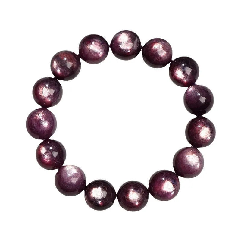 Purple lepidolite crystal bead bracelet with polished round beads in natural colour, showing size options from 6mm to 15mm diameters