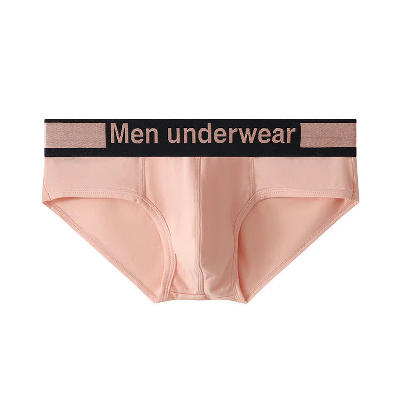 Men's low-waist modal briefs in gradient sports belt style, shown in black, white, and pink.